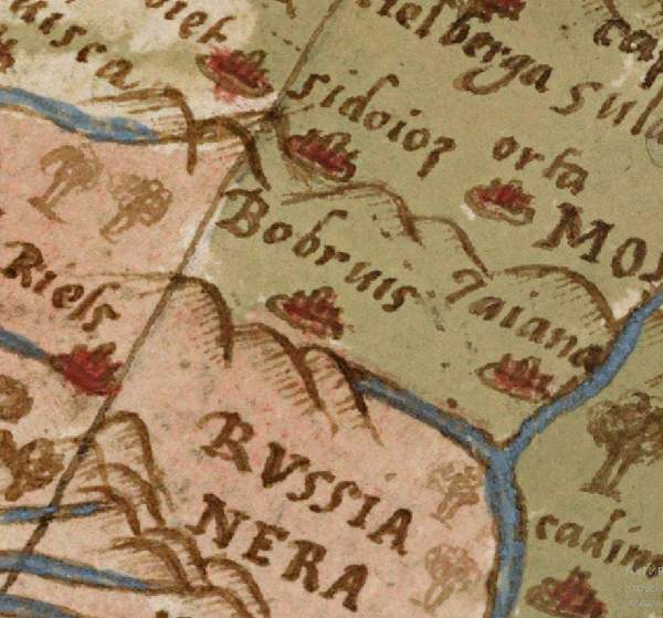 Бобруйск на карте Урбано Монте, 1587 год.